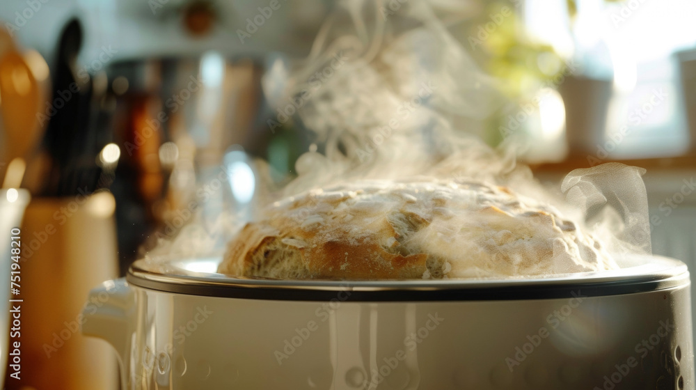 The aroma of freshly baked bread wafting out of the vent on the top of the bread maker. The aroma of freshly baked bread wafting out of the vent on the top of the bread maker.