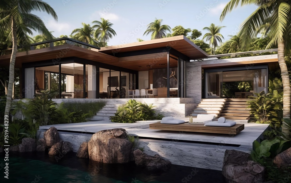 View of a nice modern villa in a tropical setting with a green garden