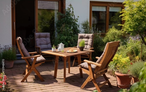 Relaxation corner  with brown wooden table and a set of chairs with cushions in the small garden