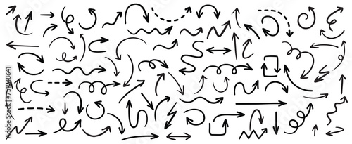 Fototapeta Naklejka Na Ścianę i Meble -  Collection hand drawn arrows. Set simple arrows isolated on white background. Arrow mark icons. Arrow paint - stock vector