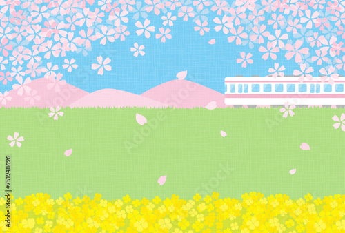 spring vector background with a train with cherry blossoms and canola flowers for banners  cards  flyers  social media wallpapers  etc.