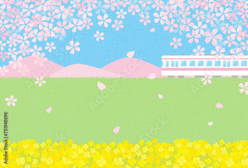 spring vector background with a train with cherry blossoms and canola flowers for banners, cards, flyers, social media wallpapers, etc.