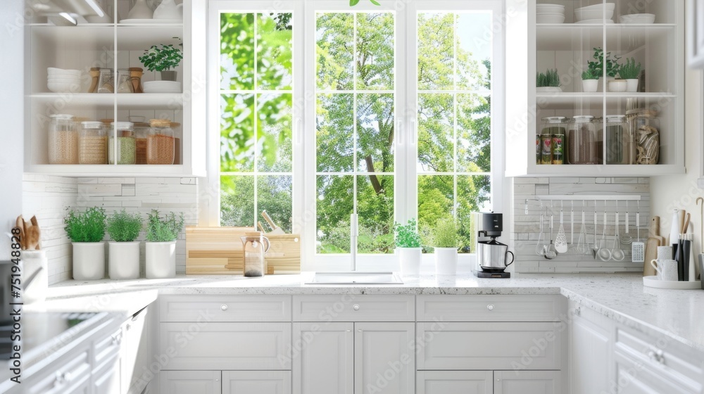 Fototapeta premium Modern Kitchen Design, Open Shelving, Wooden Pantry, Natural Light. 