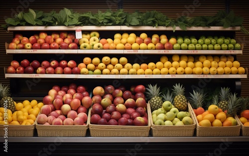 Various types of fresh fruit are neatly arranged in the grocery store. Apples, Oranges, Pomegranates, Lemons on the shelf.
