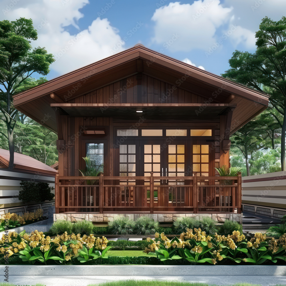 Tiny one floor timber frame house with single front doors and terrace with india theme design Tiny one floor timber frame house with single front doors and terrace with india theme design
