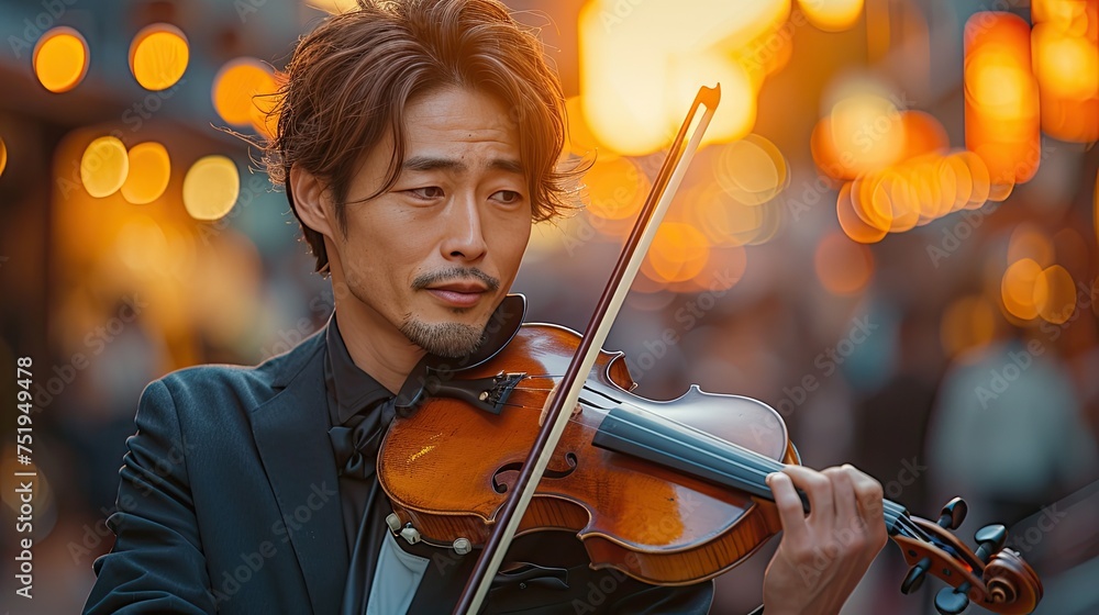 Fototapeta premium a handsome asian man playing an epic orchestral violin against a sunset background city street