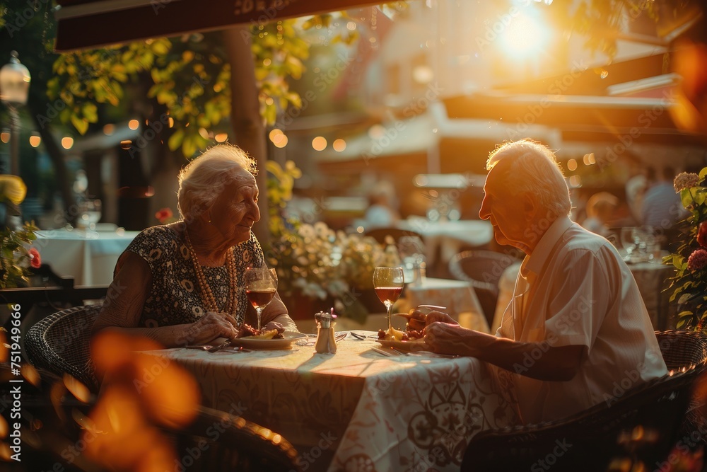 An elderly couple is having dinner in a sunny summer cafe.