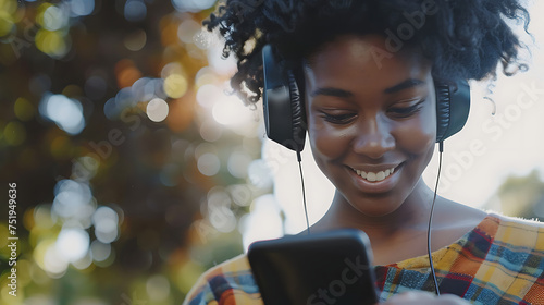 Alegria musical Jovem mulher sorrindo e desfrutando da música em seu smartphone usando fones de ouvido sem fio