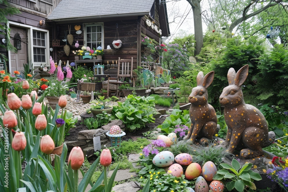 A Whimsical Easter Wonderland: How to Transform Your Garden into a Festive Springtime Celebration with Colorful Eggs and Bunny Decorations - obrazy, fototapety, plakaty 