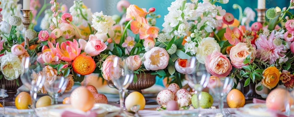 A Lavish Easter Brunch Buffet, Elegantly Adorned with Vibrant Spring Flowers and Whimsical Easter Decorations, Inviting Guests to Celebrate the Season