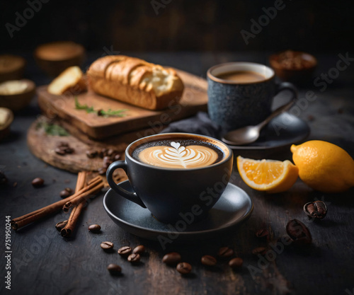 coffee latte in coffee shop café coffee beans DOF two cups cinnamon lemon bread in depth studio lighting