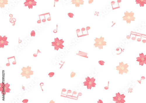 水彩の桜とピンクの音符の背景・壁紙_横