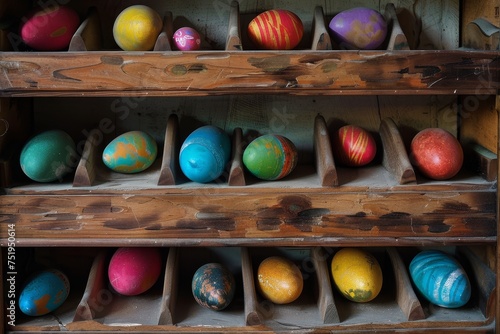 A Whimsical Easter Surprise: Colorful Eggs Mysteriously Hidden in the Nooks and Crannies of a Wooden Shoe Rack photo