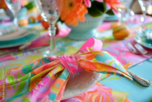 A Colorful Easter Celebration: Ribbon-Tied Napkins Adorned with Vibrant Patterns and Spring Motifs Gracefully Laid Out on a Festive Table