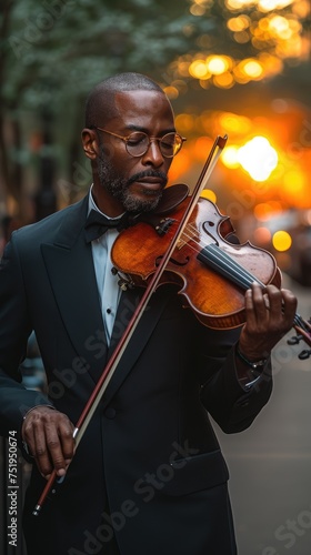 a handsome african man playing an epic orchestral violin against a sunset background city street