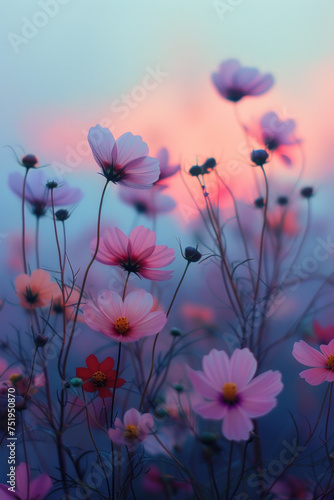 Colorful cosmos flowers in the mist and fog, vertical background © Ema