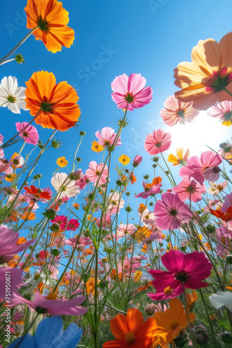 Colorful cosmos flowers in the mist and fog, vertical background © Ema