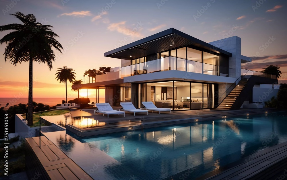 Modern house with swimming pool overlooking the beach at sunset