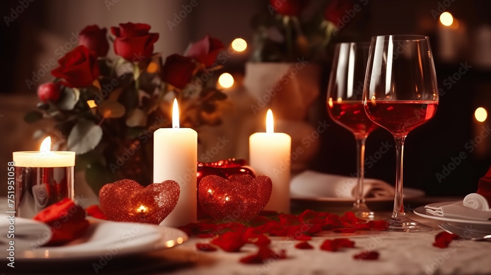 Romantic dinner setting with candles and rose petals, closeup Romantic dinner setting with candles and rose petals, closeup
