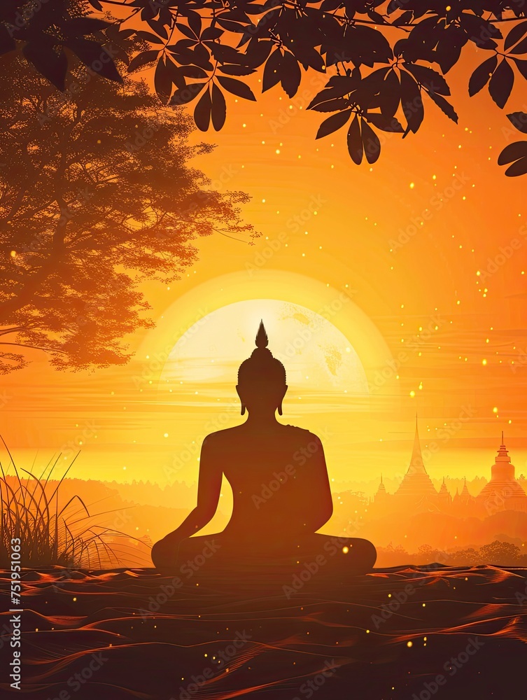 Vesak day concept: Silhouette Buddha with blurred travel tourist attraction in Thailand - Asia on golden temple sunset background, realistic, copy space - generative ai