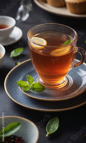 cup of tea with lemon pieces on top and mint around