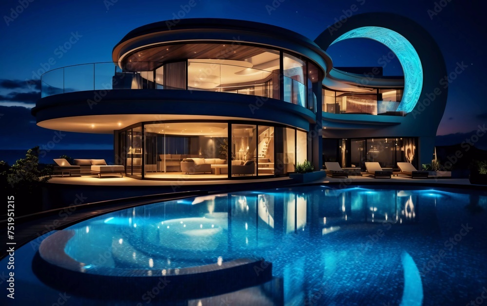 Clear blue water round swimming pool of modern hotel or house at night.