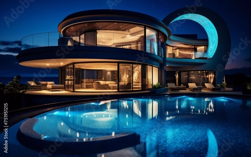 Obraz na płótnie Clear blue water round swimming pool of modern hotel or house at night. w salonie