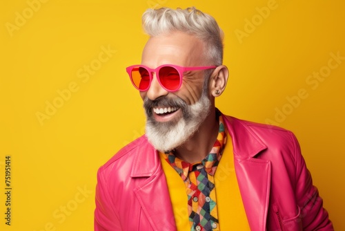 Fashionable senior man in pink jacket and sunglasses on yellow background