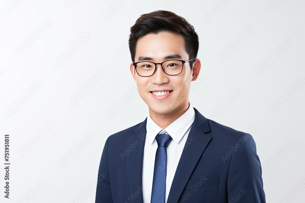 Asian man, company worker in glasses, smiling, standing over white background Asian man, company worker in glasses, smiling, standing over white background