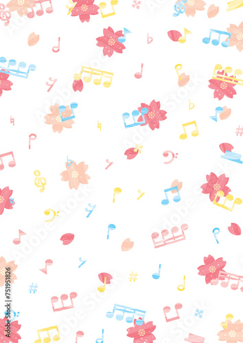 水彩の桜とカラフルな音符の背景・壁紙_縦