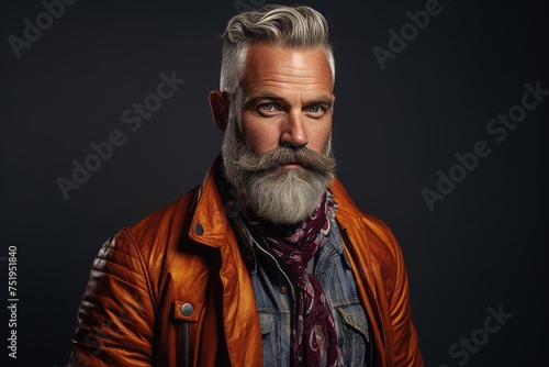 Portrait of a handsome mature man with long gray beard and mustache wearing orange jacket.