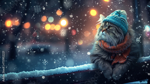 cat with falling snow on road 