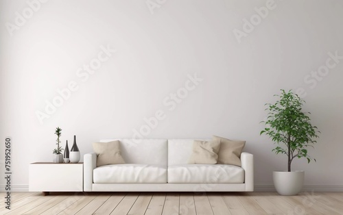 white plain wall with sofa & sideboard on wooden floor interior. generative ai