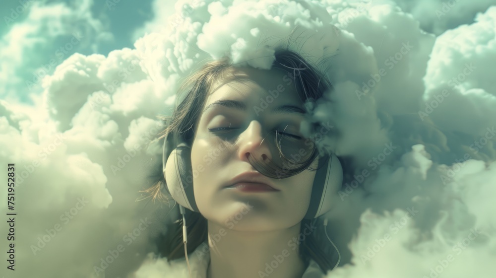 Woman listening to music on a cloud generative ai
