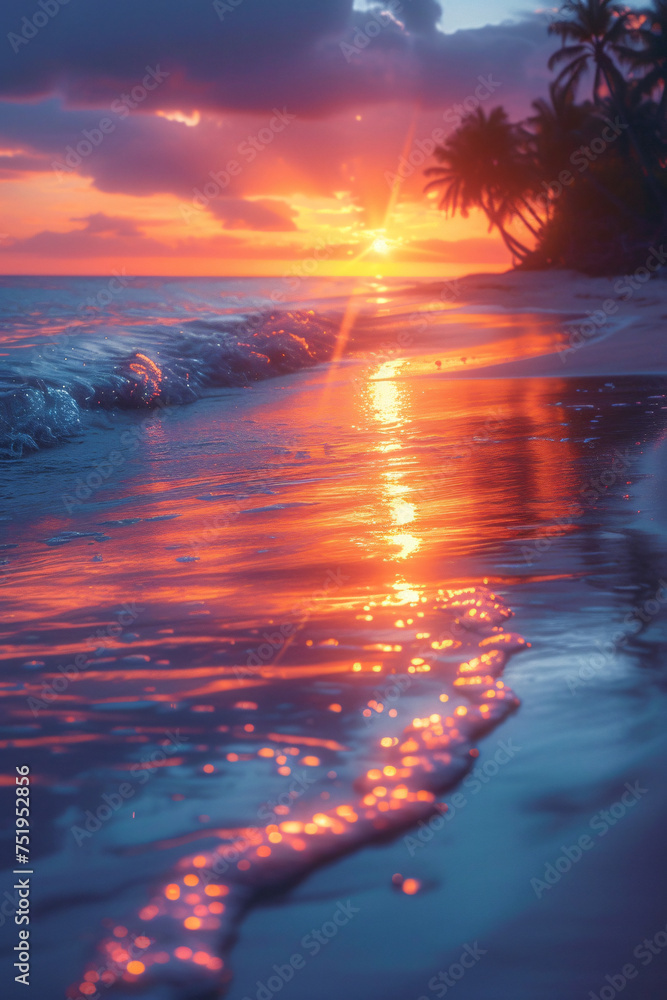 A deserted beach with palm trees at sunset A deserted beach with palm trees at sunset