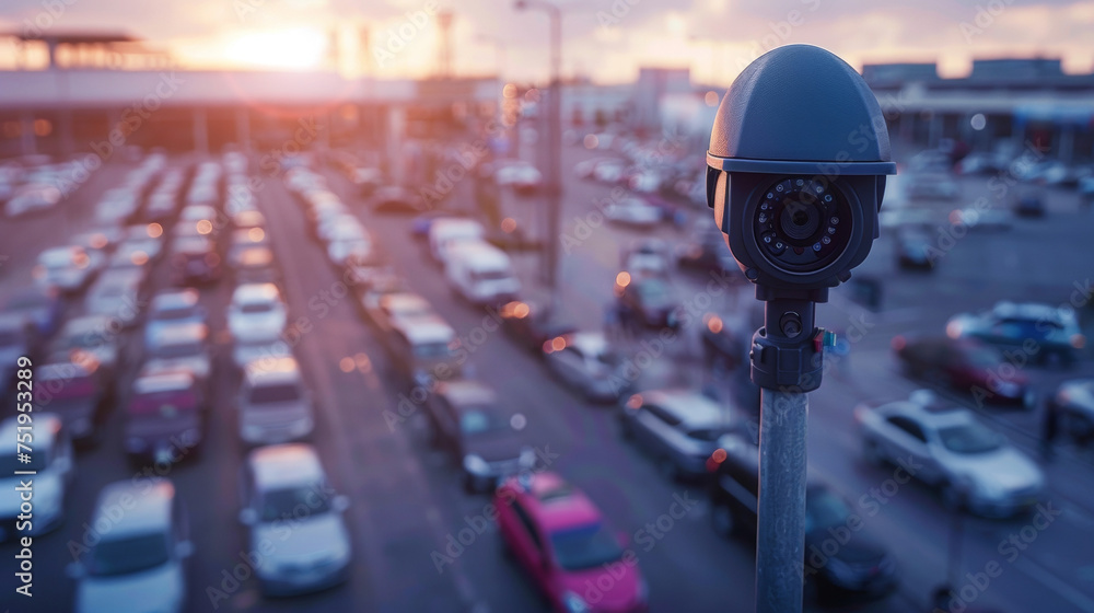 A shot of a security camera perched on a tall pole overlooking a vast parking lot. - obrazy, fototapety, plakaty 