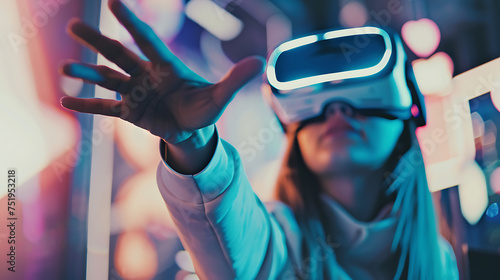 Mulher imersa em mundo virtual futurístico através de óculos de realidade virtual