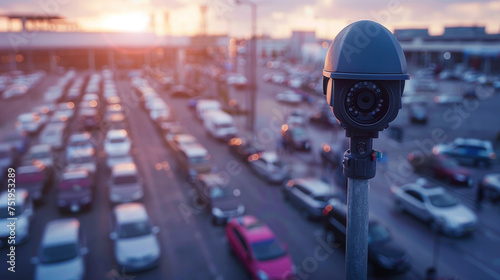 A shot of a security camera perched on a tall pole overlooking a vast parking lot.