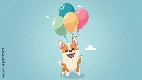 cute happy dog holding many balloons 