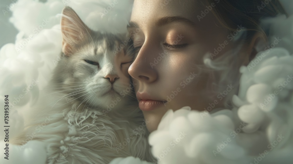 Woman with a cat on a cloud generative ai Woman with a cat on a cloud generative ai
