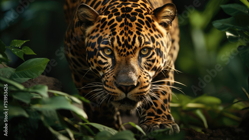 Jaguar with green eyes stalking prey