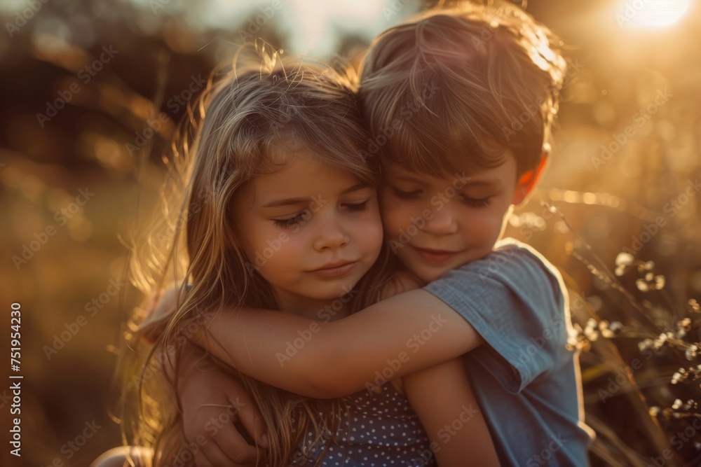 Brother and sister hugging at sunset Brother and sister hugging at sunset