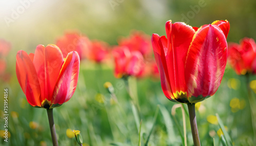Red tulips flower on meadow  spring natural background. landscape with flowers. banner  copy space and bokeh  soft selective focus