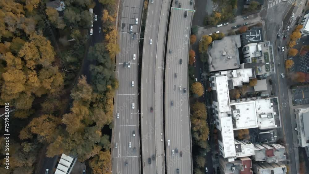 Top-down dolly shot over the I5 freeway in Seattle during rush hour Top-down dolly shot over the I5 freeway in Seattle during rush hour