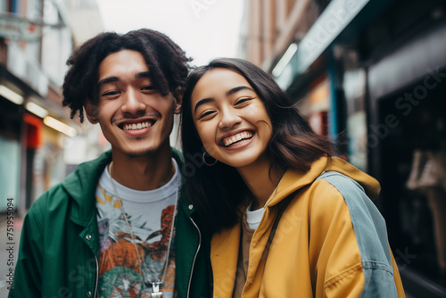 portrait of a happy couple in the city, asian young woman, brown man with dreadlocks, diveristy, smiling outdoors, wearing fashion casual streetwear, green yellow jackets tshirt relationship cheerful photo