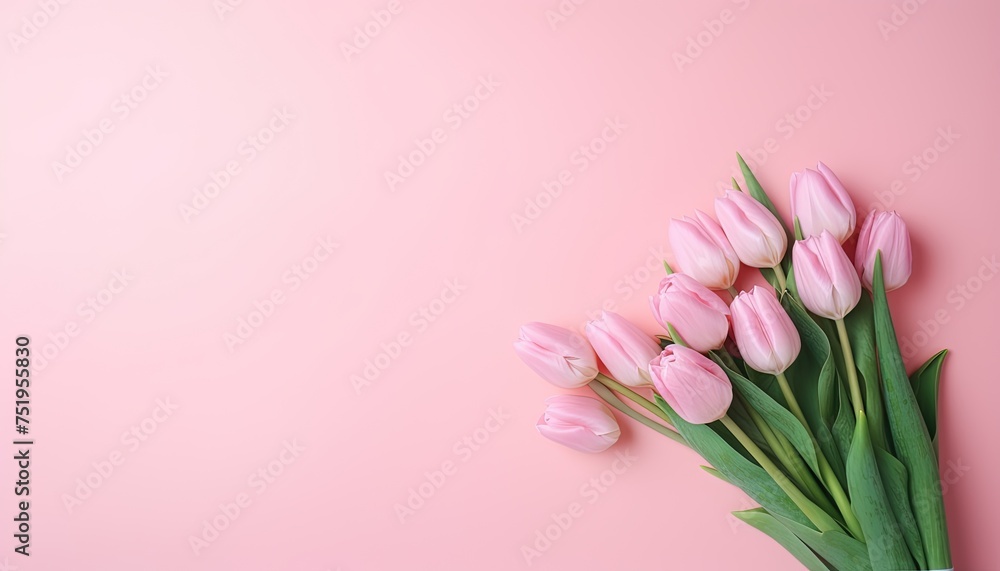 Pink tulips flower on pink background for Greeting card, background for banner