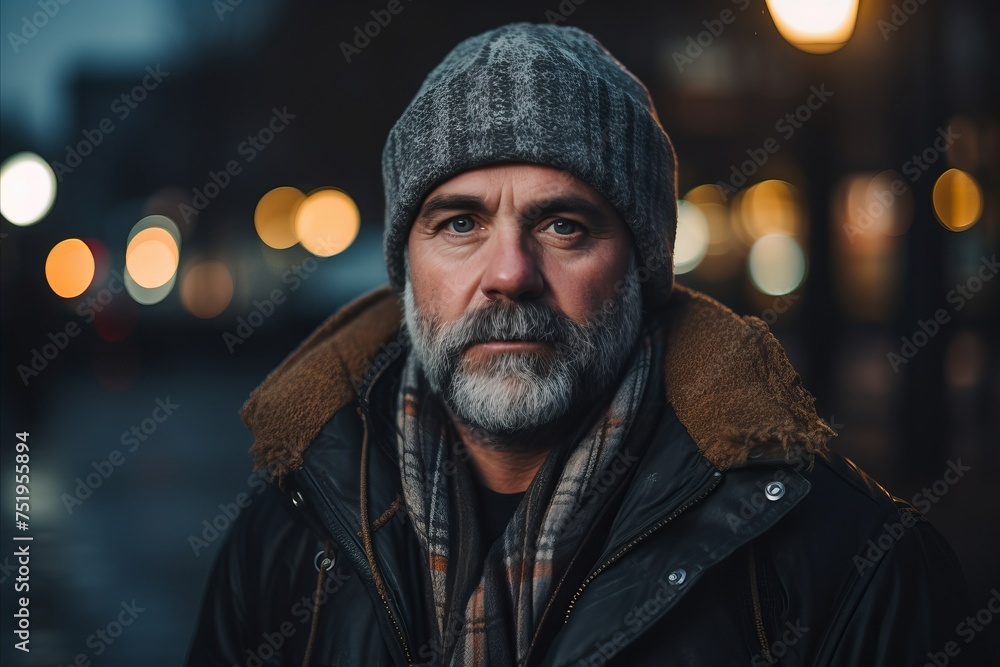 Portrait of an old man with gray beard in the city at night Portrait of an old man with gray beard in the city at night
