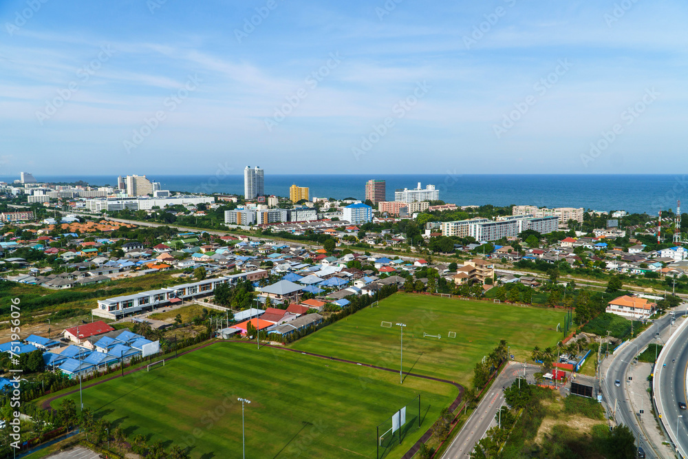 View of the city of Hua Hin in Thailand and football fields from above