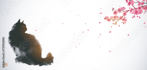 Ink wash style painting of a black fluffy cat gazing at cherry blossoms. Traditional oriental ink painting sumi-e, u-sin, go-hua. Hieroglyph - joy