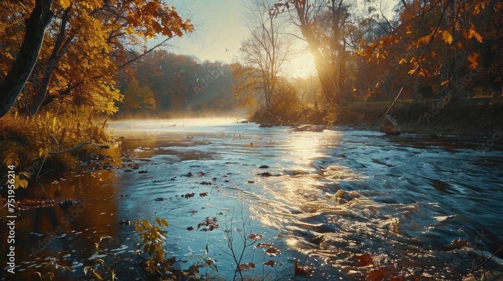 A picturesque autumn landscape featuring a slow-moving river with ...